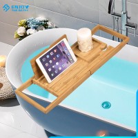 Multi-Function Bathtub Bridge Adjustable Luxury Bamboo Wooden Bathroom Bath Caddy Tray