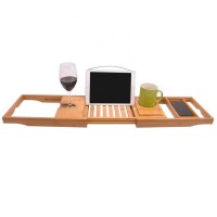 Bamboo Bathtub Caddy Tray - Adjustable Natural Wood Bath Tub Organizer with Wine Holder, Cup Placement, Soap Dish, Book Space